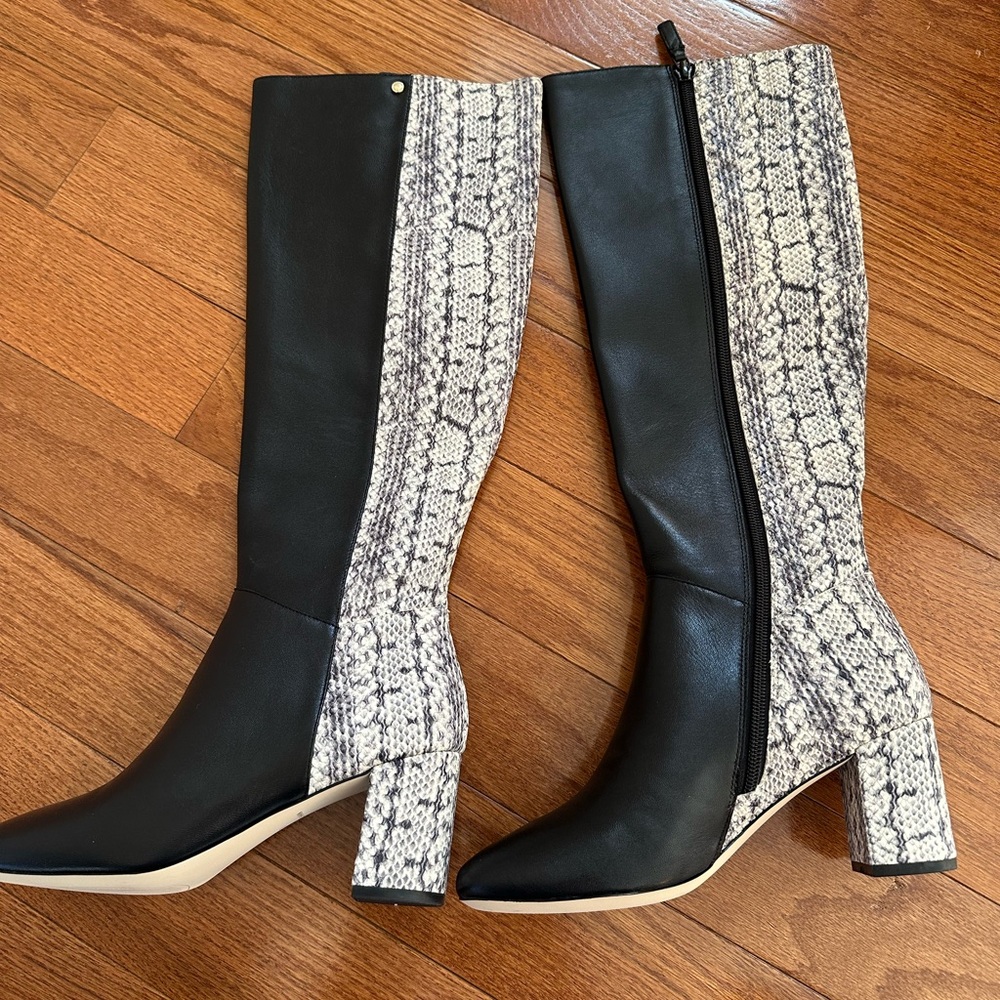 Cole Haan Black and Snake Pattern Leather Heeled Boots